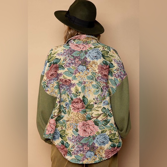 447. POL LAST 1! shacket Floral Jacquard Button Contrast Thermal Long Sleeve - Picture 4 of 5